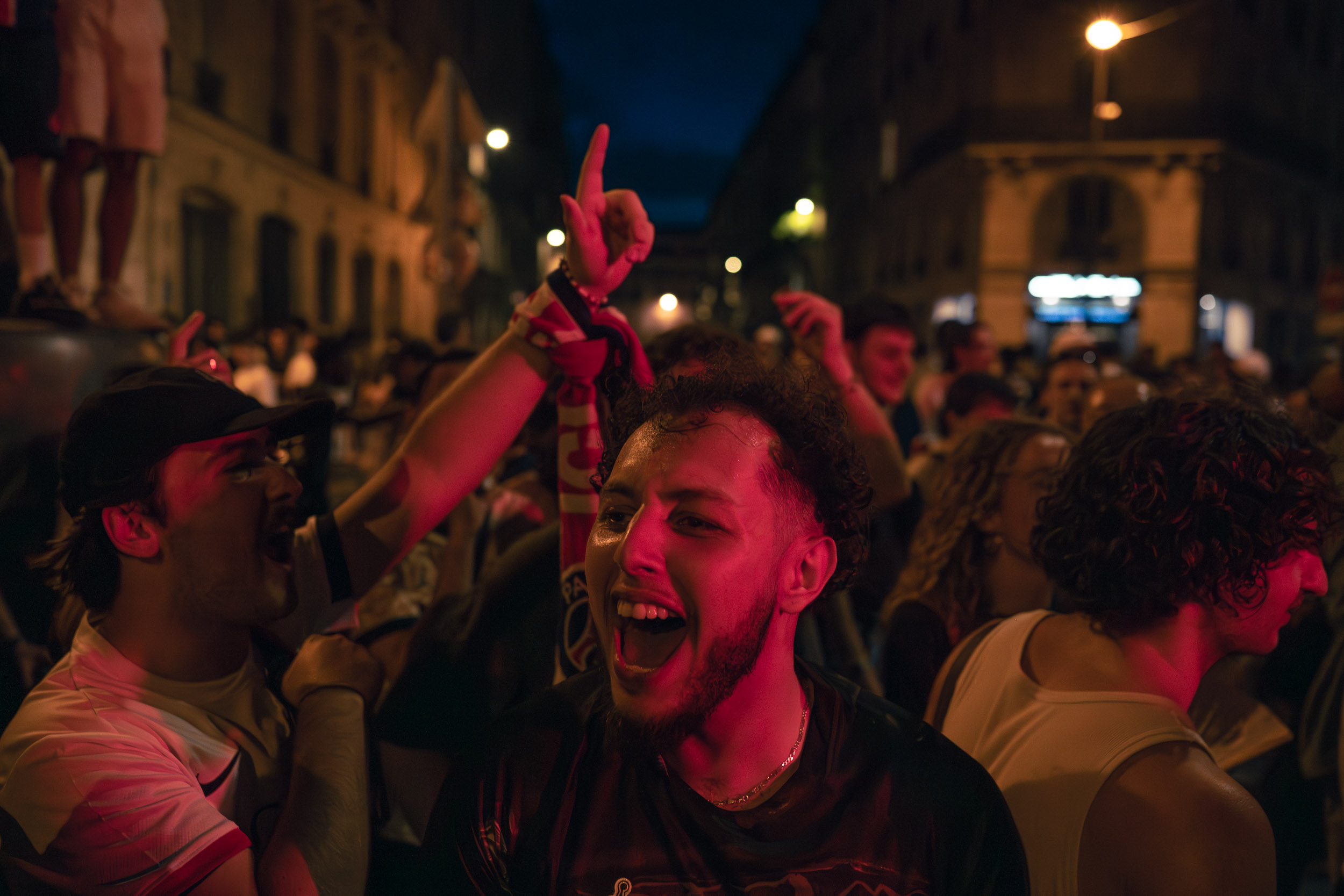 PSG supporters celebrating the UEFA Champions League win in Paris, June 2026.