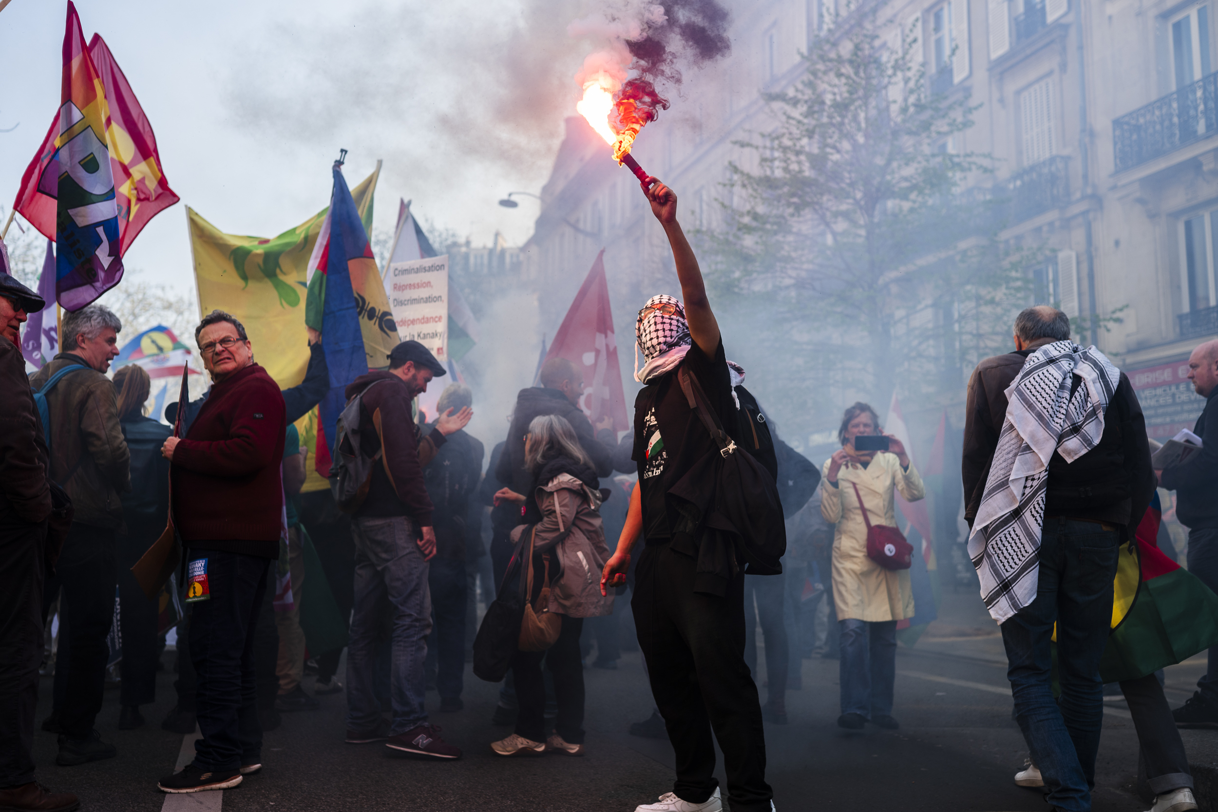 Prisoner solidarity protest at Place de la Republique, Paris, March 2026.